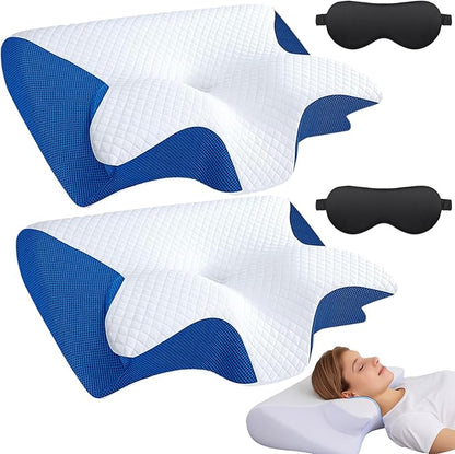 Pillow for Sleep Apnea, Cervical Neck Traction Pillow, 2-in-1 Orthopedic Memory Foam Pillows for Neck Pain Relief, for All Sleeping Positions, Breathable and Not Stuffy (2Pc * Blue)
