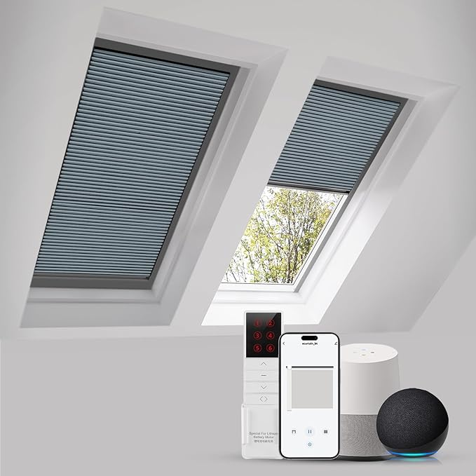 ZSTARR Motorized Skylight Shades Blackout Cellular Honeycomb Electric Blinds with Solar Panel Cordless Rechargeable with Remote for Roof and Slanted Windows Custom Size (LF Blue)