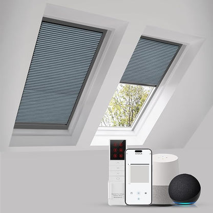 ZSTARR Motorized Skylight Shades Blackout Cellular Honeycomb Electric Blinds with Solar Panel Cordless Rechargeable with Remote for Roof and Slanted Windows Custom Size (LF Blue)