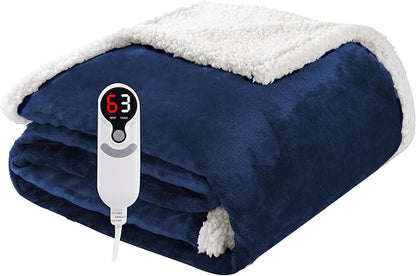 Electric Heated Blanket Throw Size 50"x60", Soft Flannel with Overheat Protection, 9 Adjustable Heat Settings & 10-Hour Auto-Off Timer, Fast Heating for Winter Comfort, Navy Blue