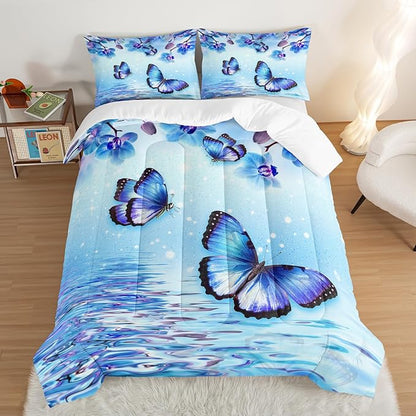 Fantasy Blue Themed Aesthetic Bedding Twin Comforter Set,Butterflies on Water with Falling Flowers Comforter Sets for Kids Girls Boys,Pretty Butterfly Pattern Bedding Sets with 2 Pillowcases.