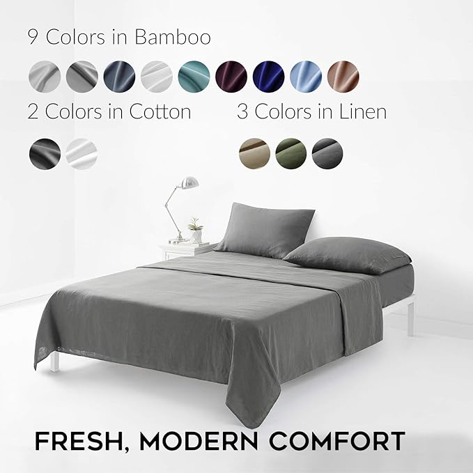 YnM French Linen Sheet Set - 4-Piece Set Includes Flat Sheet, Fitted Sheet, and 2 Pillowcases – California King, Dark Grey