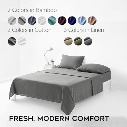 YnM French Linen Sheet Set - 4-Piece Set Includes Flat Sheet, Fitted Sheet, and 2 Pillowcases – California King, Dark Grey