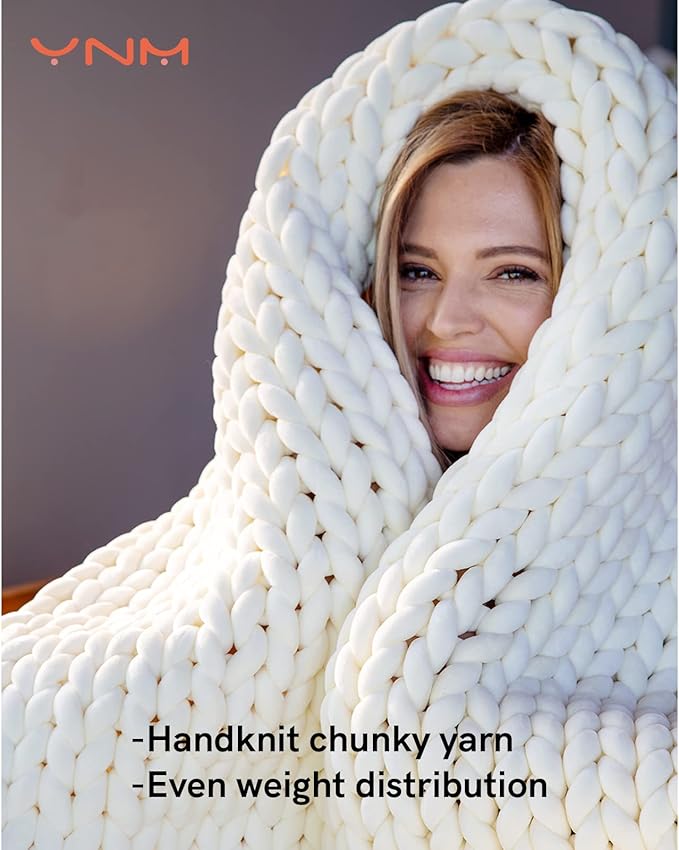 YnM Velvet Weighted Blanket, Handmade Chunky Knitted Design, Soft and Cozy, Temperature Regulating and Breathable, Machine Washable Throw for Sleep or Home Decor (Cream, 50x60 Inch, 10lbs)