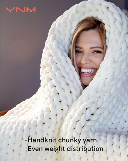 YnM Velvet Weighted Blanket, Handmade Chunky Knitted Design, Soft and Cozy, Temperature Regulating and Breathable, Machine Washable Throw for Sleep or Home Decor (Cream, 60x80 Inch, 20lbs)