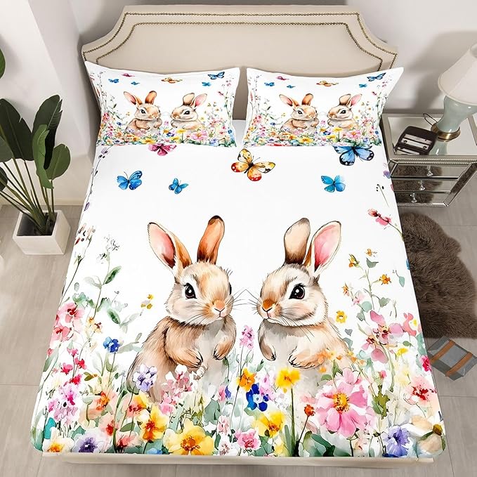 Spring Easter Fitted Sheet Full Size Bunny Cute Rabbits Flower Bedding Set for Kids Bedroom Floral Farmhouse Watercolor Bed Sheet Set 3pcs White Colorful Deep Pocket Mattress Cover,No Top Flat