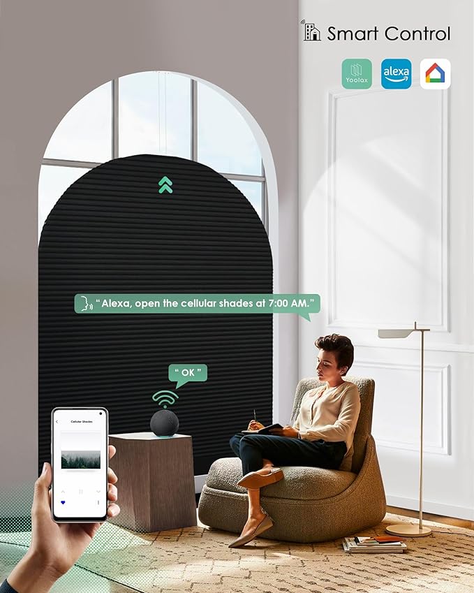 Yoolax Smart Cellular Shades, Motorized Elongated Arch Honeycomb Blinds Motorized Blinds with Remote Compatible with Alexa, Customized Elongated Arch Cellular Shades (Blackout Noir)