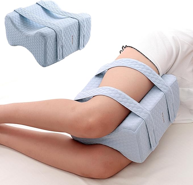 Knee Leg Pillow for Side Sleepers with Straps, Sciatica Sacroiliac Thigh Joints Hip-Back Pain Relief, Ergonomic Contour Encourages Natural Hip-to-Knee Alignment Pillow for Side Sleeping, Sky Blue