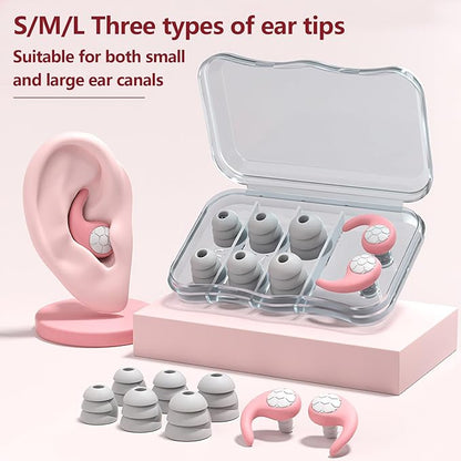 Noise Cancelling Ear Plugs for Sleeping - Pink Comfortable Reusable Silicone Earplugs for Sleep 24dB Noise Reduction Snoring and Studying Travel Concerts Hearing Protection with 3Tips and Storage Box