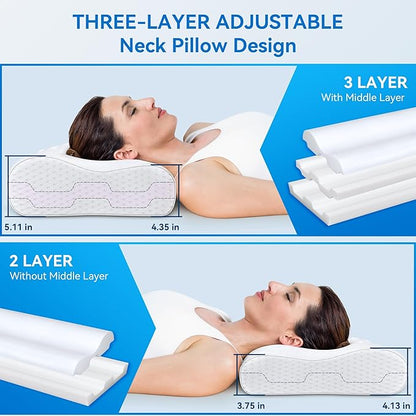 Cervical Neck Pillow King Size - Cooling Sandwich Dynamic Memory Foam Pillows for Sleeping, Adjustable Contour Ergonomic Orthopedic for Side, Back & Stomach Sleepers Soft, White