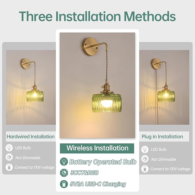 Battery Operated Wall Sconce with Green Striped Shade Pattern Glass Adjustable Chain Retro Gold Wall Mounted Light, Modern Wall Decor for Bedside Bedroom Indoor Doorway， Set of 2