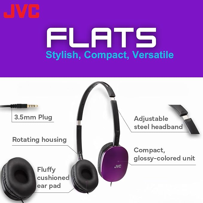 JVC Flats On-Ear Wired Headphones - Flat Foldable Design - 30mm Driver for Powerful Sound - Soft Ear-Pads for Comfort – Steel Headband - Lightweight & Portable - PC/Laptop/Gaming - 3.5mm Slim Plug