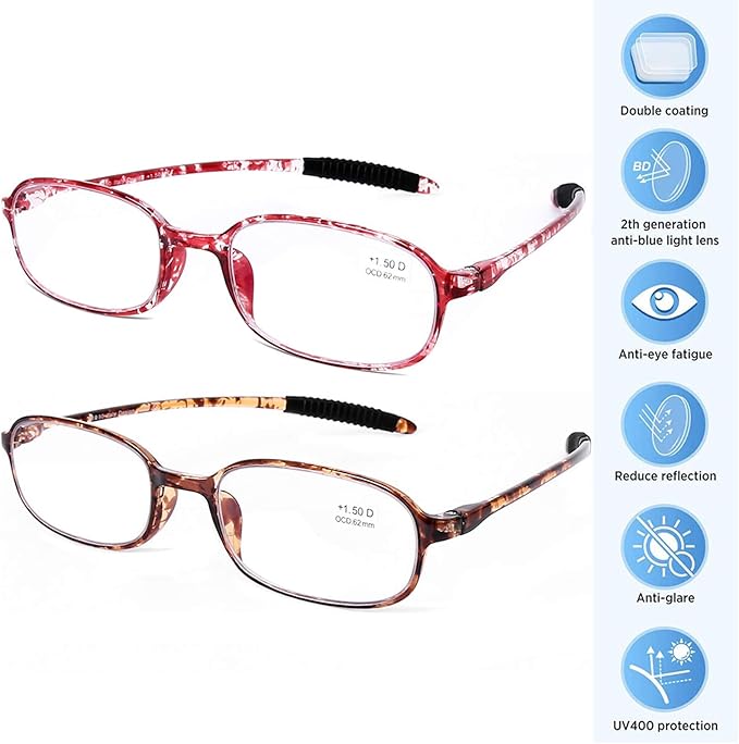 AQWANO 2 Pack Blue Light Blocking Computer Reading Glasses UV Protection Flexible TR90 Frame Lightweight Readers Glasses for Women Men +1.75