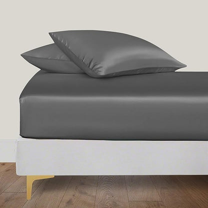 LINENWALAS Fitted Sheet Only Viscose Derived from Bamboo, Bottom Sheet for Twin Size Bed – 16” Deep Pocket, All Around Snug Fit – Cooling, Breathable, Soft, Hypoallergenic (Charcoal Grey, Twin)