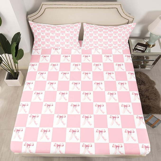 Manfei Pink Bowknot Fitted Sheet,Full Size Dreamy Bow Geometric Plaids Patchwork Collections,Princess Style Bow-tie Girly Pink White Bedding Deep Pocket for Children Teens Young with 2 Pillowcases