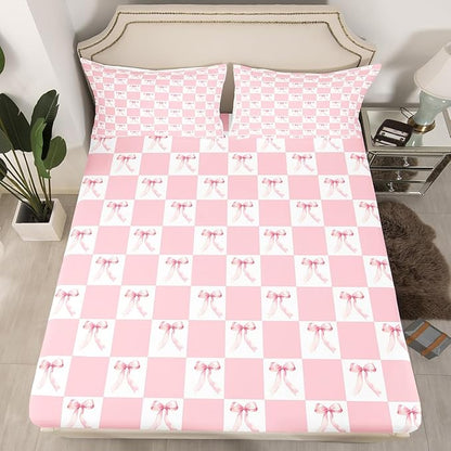 Manfei Pink Bowknot Fitted Sheet,Full Size Dreamy Bow Geometric Plaids Patchwork Collections,Princess Style Bow-tie Girly Pink White Bedding Deep Pocket for Children Teens Young with 2 Pillowcases