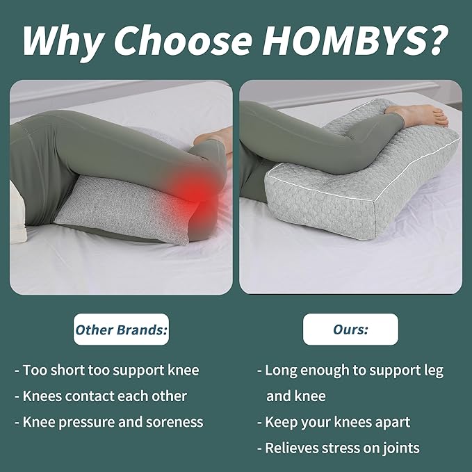 HOMBYS Shredded Memory Foam Knee Pillow for Side Sleepers, 5.5" Height Pillow Between Legs Spine & Relieves Pressure Hip & Leg Elevation, Supportive Pillow for Pregnancy, Sciatica,Light Grey