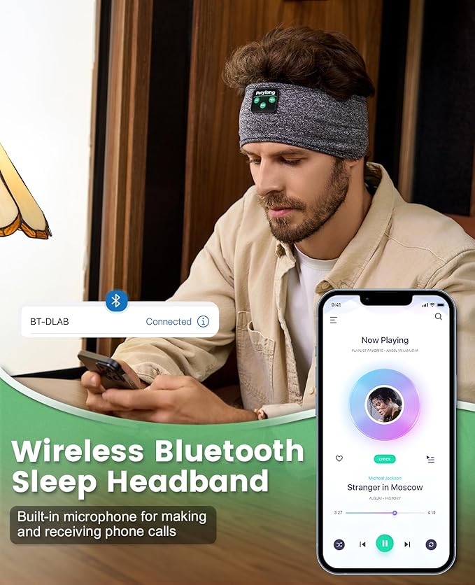 Perytong Sleep Headphones Bluetooth 5.4, Wireless Sleep Headphones with Ultra-Thin HD Stereo Speakers for Side Sleepers, Soft & Breathable Sport for Running Yoga Travel Nap