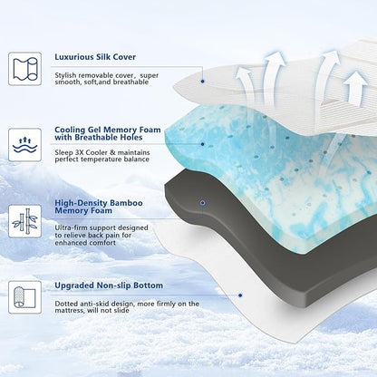 3 Inch Full Size Firm Mattress Topper with Ice Silk Cover, Premium Cooling Gel+Bamboo High Density Memory Foam Mattress Topper, CertiPUR-US Firm Bed Topper for Pain Relief, 74"x54"