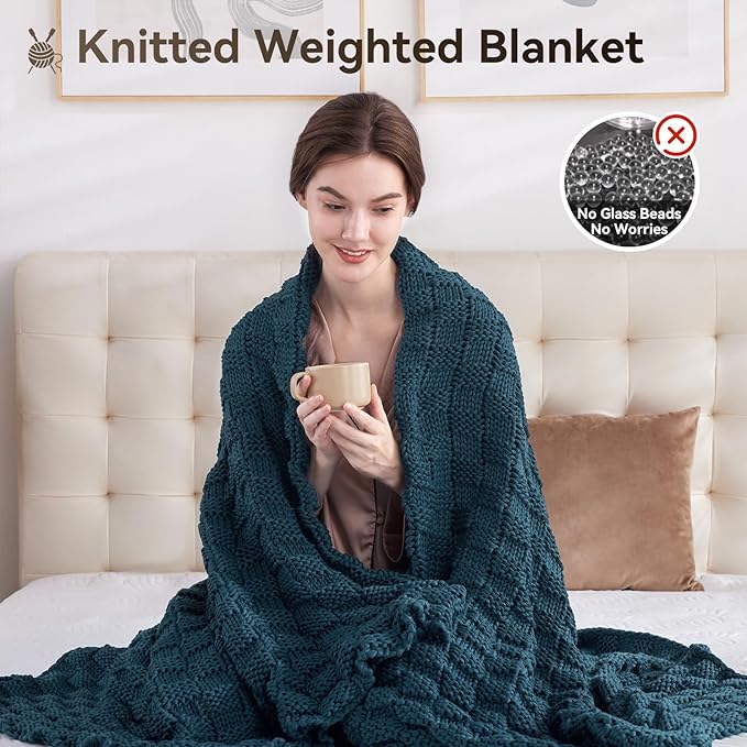 Knitted Weighted Blanket for Adult, No Beads Heavy Blanket 48” x 72'' 10lbs, Breathable Chunky Knit Blanket, Cooling Weighted Blanket for Hot Sleepers, Christmas Home Decor (Peacock Blue)