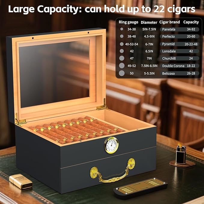 Cigar Humidor Box - Spanish Cedar Small Table Top Humidors for 20-50 Cigars with Accessories and Humidifier - Storage Drawer - Modern Desktop Cigar Holder for Men - Portable Travel Case Dark Gray