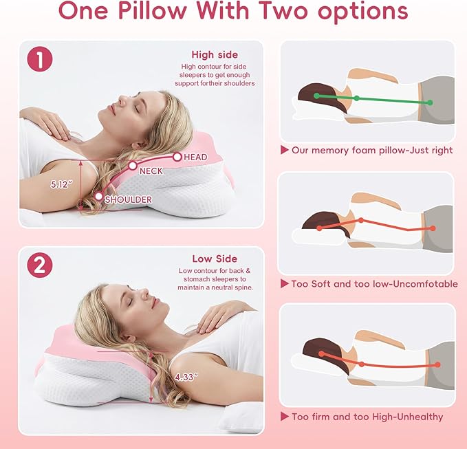 Cervical Neck Pillow for Pain Relief, Ergonomic Contour Pillow for Sleeping, 2 Heights Cooling Pillow for Neck and Shoulder Support, Memory Foam Orthopedic Pillow for Side Back Stomach Sleepers Pink
