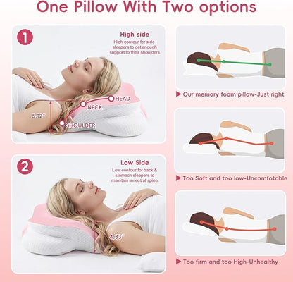 Cervical Neck Pillow for Pain Relief, Ergonomic Contour Pillow for Sleeping, 2 Heights Cooling Pillow for Neck and Shoulder Support, Memory Foam Orthopedic Pillow for Side Back Stomach Sleepers Pink