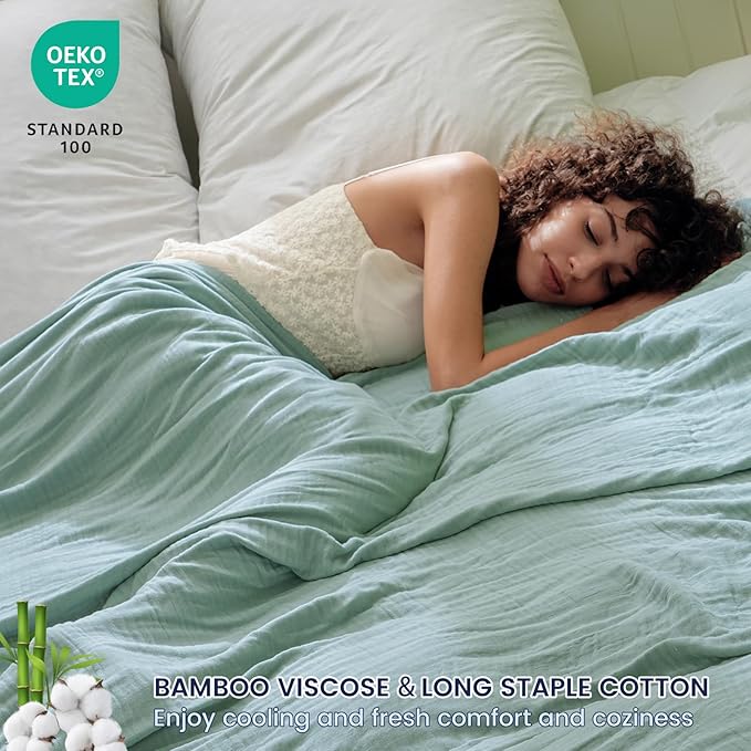 PHF Cooling Muslin Queen Blanket for Hot Sleepers, 60% Rayon Derived from Bamboo, 40% Cotton for Summer, 4-Layer Breathable Gauze Blanket for Bed Couch, 90"x90", Sage Green