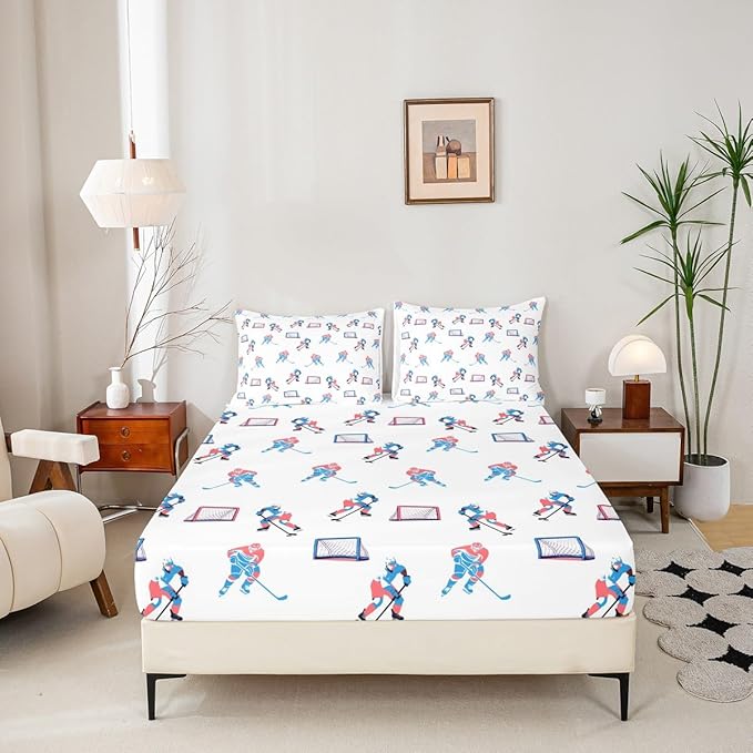 Manfei Hockey Players Bed Sheets Queen Size, Bedding Set, Winter Sports Games Boys Girls Room Decor,White Blue Sheet(Fitted+Flat+2 Pillowcases)