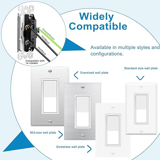 Greencycle Single Pole Rocker Light Switch,Paddle Light Switch 15 Amp,Sp Switches White,120V-277V AC,On/Off Wall Switches, Residential/Commercial Grade,Home & Office,UL/CUL,2PK