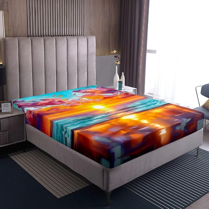 Beach Kids Full Size Fitted Sheet,Sunset Hawaii Ocean Summer Boys Girls Bed Sheets,Abstract Seashore Coastal Room Decor,Orange Blue Bedding Set,2 Pillowcases(No Flat)