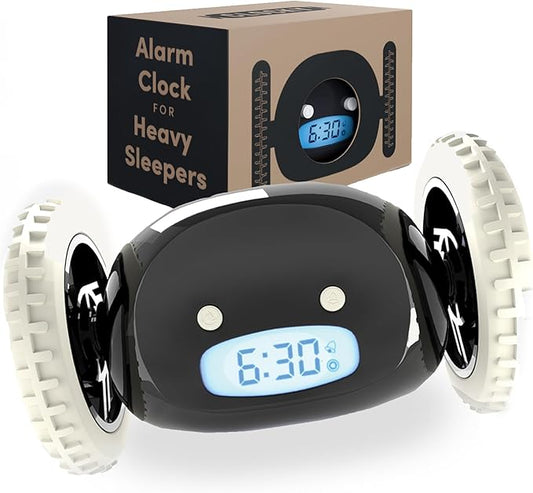 CLOCKY Alarm Clock on Wheels – Loud Rolling Alarm Clock for Heavy Sleepers | Runaway Clock That Jumps & Runs to Wake You Up | Funny Unique Gift for Adults, Teens & Kids Bedrooms (Black)