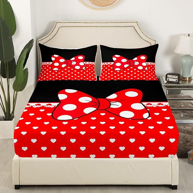 Bowknot Kids Fitted Sheet Twin Size,Bow-tie White Dots Love Heart Romantic Bedding Set,Girls Women Room Decor,Castle Princess Dreamy Bed Cover,Red Black Girly Bed Sheet,1 Pillowcase