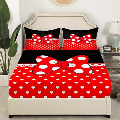 Bowknot Kids Fitted Sheet Twin Size,Bow-tie White Dots Love Heart Romantic Bedding Set,Girls Women Room Decor,Castle Princess Dreamy Bed Cover,Red Black Girly Bed Sheet,1 Pillowcase