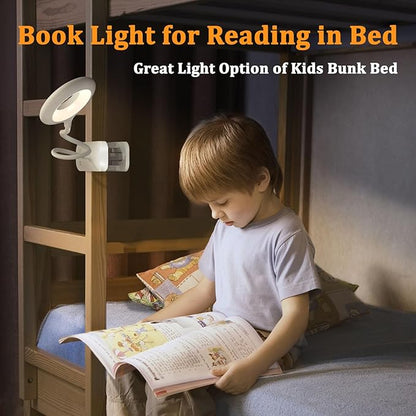 Clip on LED Reading Light, 25 Models USB Rechargeable Bed Lamp with Strong Clamp for Headboard, Eye Protection Portable Cordless Battery Lights for Bedframe Desk Table Home Office (White)