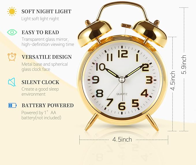 Super Loud Alarm Clock for Heavy Sleepers,4 inches Twin Bell Alarm Clock with Backlight,Battery Operated,Silent Non Ticking,for Kids,Adults,Bedrooms,Retro Decor Desk Analog Clocks. (Golden)