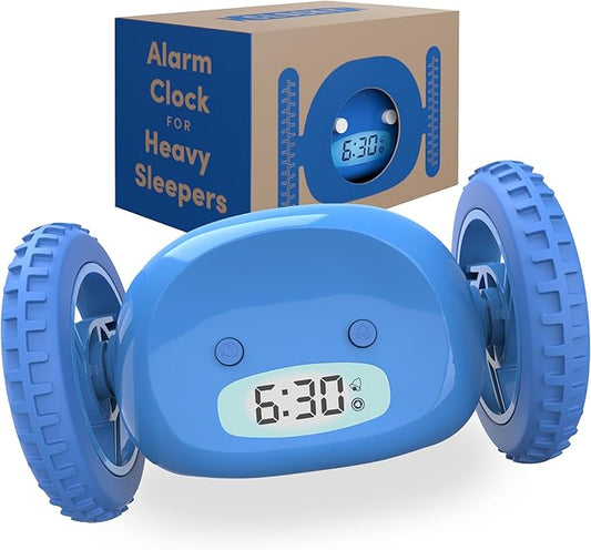 CLOCKY Alarm Clock on Wheels – Loud Rolling Alarm Clock for Heavy Sleepers | Runaway Clock That Jumps & Runs to Wake You Up | Funny Unique Gift for Adults, Teens & Kids Bedrooms (Blue)