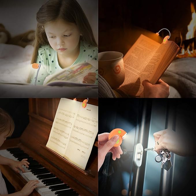 Kids Rechargeable Book Light, Clip on Reading Light for Kid, Amber Book Light for Reading in Bed, 2 Lighting Modes, Blue Light Blocking, Bookmark Light for Bookworms-Orange