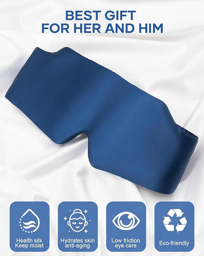 Silk Sleep Mask, Large Size Eye Mask Face Hugging Padded Sleep Blindfold Silk Eye Cover with Adjustable Band for Total Blackout for All Night Sleep (Navy Blue)