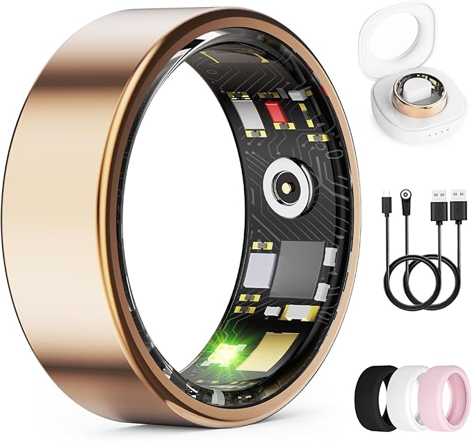 Smart Ring for Women & Men, Health Tracker Ring with Heart Rate, Blood Oxygen,Blood Pressure, IP68 Waterproof Fitness Ring, Sleep Tracker for iPhone and Android, No APP Fee (Rose Gold, 9#)
