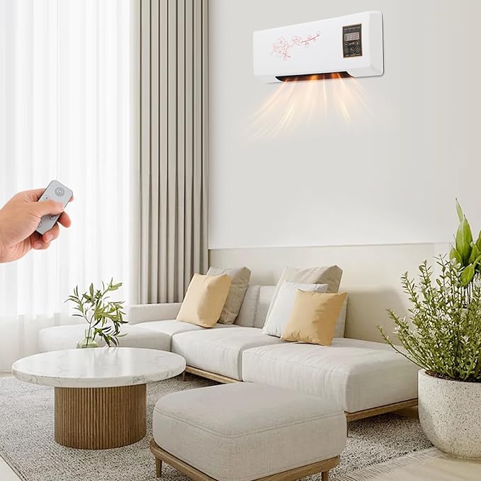 Electric Heater for Bedroom, 1400W PTC Fast Quiet Heater with Remote Control, Wall Mount/Desktop, 1-6H Timer, Adjustable Thermostat (60.8-104°F) for Office, Home, Room (11-20 m²) (with Flower)