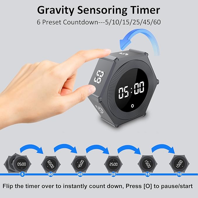 Pomodoro Timer with Gravity Rotation, 99 Minutes Desk Productivity Timer, Countdown & Countup Focus Time Management Tool for Kitchen, Work, Study, Adjustable Sound & Brightness, Magnetic Pad Back.