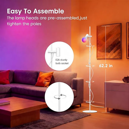 Smart Floor Lamp, LED Bulb Corner Lamp 270° Swivel Head Works with Alexa Google Home, Floor Lamps with Music Sync, 16 Million DIY Colors, Color Changing Standing Lamp for Bedroom Living Room, White
