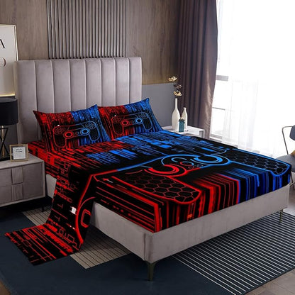 Manfei Gamer Gamepad Kids Sheet Full Size,Video Gaming Controller Bedding Set,Boys Girls Room Decor,Geometric Honeycomb Hexagon Neon Fashion Red Blue Bed Sheet Set 4pcs(Fitted + Flat + 2 Pillowcases)
