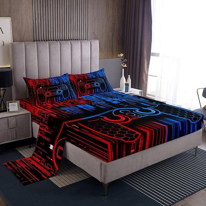 Gamer Gamepad Kids Sheet Queen Size,Video Gaming Controller Bedding Set,Boys Girls Room Decor,Geometric Honeycomb Hexagon Neon Fashion Red Blue Bed Sheet Set 4pcs(Fitted + Flat + 2 Pillowcases)