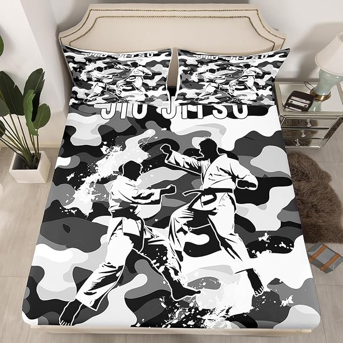 Manfei Jiujitsu Fitted Sheet Queen Size, Japanese Judo Sports Theme Bedding Set 3pcs, Grey Camouflage Print Bed Cover with 2 Pillowcases, Kids Boys Teen Room Decor, Soft Bedding(No Top Sheet)