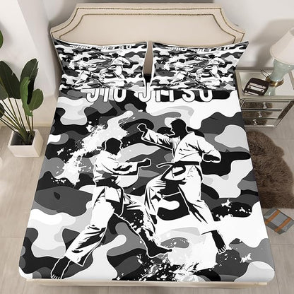 Manfei Jiujitsu Fitted Sheet Full Size, Japanese Judo Sports Theme Bedding Set 3pcs, Grey Camouflage Print Bed Cover with 2 Pillowcases, Kids Boys Teen Room Decor, Soft Bedding(No Top Sheet)