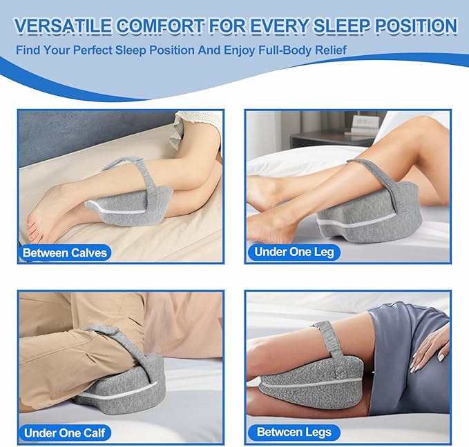 Knee and Leg Memory Foam Pillow for Side Sleepers, Ergonomic Support for Back, HIPS, Knees, Joints, Nerves and Muscle Discomfort Relief (Gray with Strap)