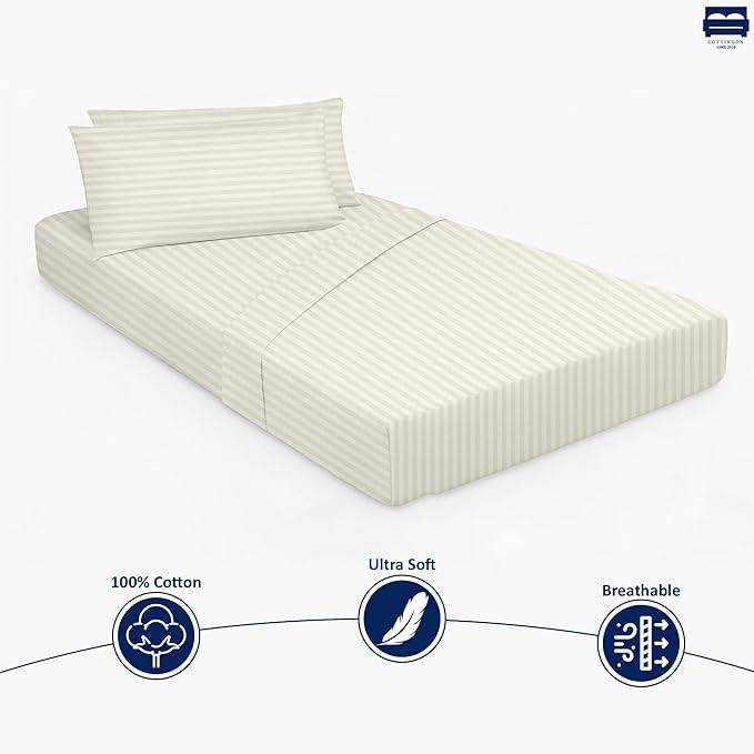 Ivory Stripe 4-Piece Cot Bed Linen Set - Fitted Sheet 33" x 75", Flat Sheet 64" x 94", 2 Pillow Cases 20" x 30" - Perfect for Folding Guest or Rollaway Beds