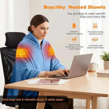 16000mAh Heated Blanket Battery Operated Soft Cordless Heated Blanket Shawl Portable Heated Throw Blanket Poncho Wraps Fast Heating with 3 Heat Levels 6 Heating Zones